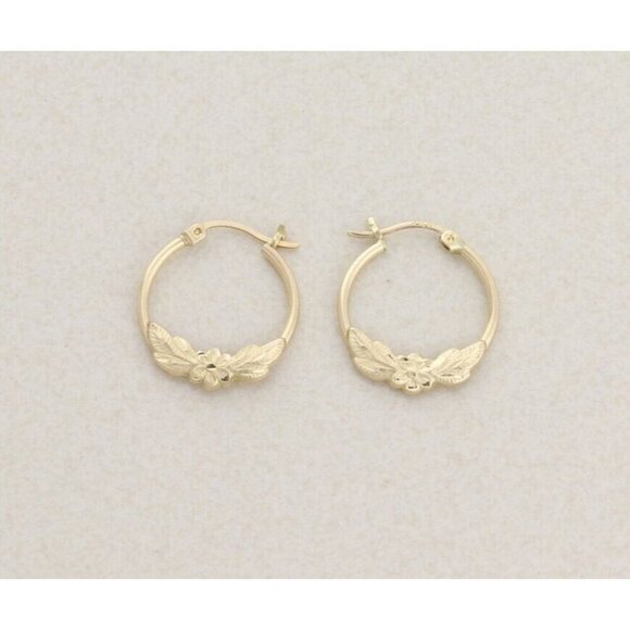 10k Yellow Gold Hoop Flower Earrings 7/8" inch Lightweight - Picture 1 of 7